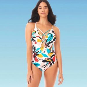 Beach Betty Slimming Control One Piece Swimsuit Bathing Suit Tropical Floral M